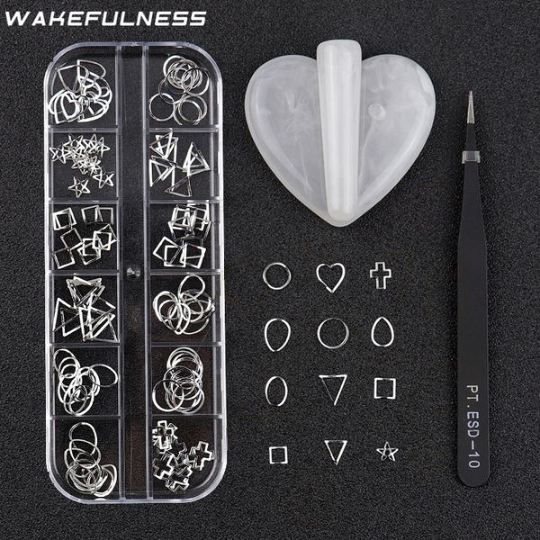 

wakefulness gold silver 3d nail rivets metal studs+slice embossed mold metal frame bending+black nail tweezer art sets, Silver;gold