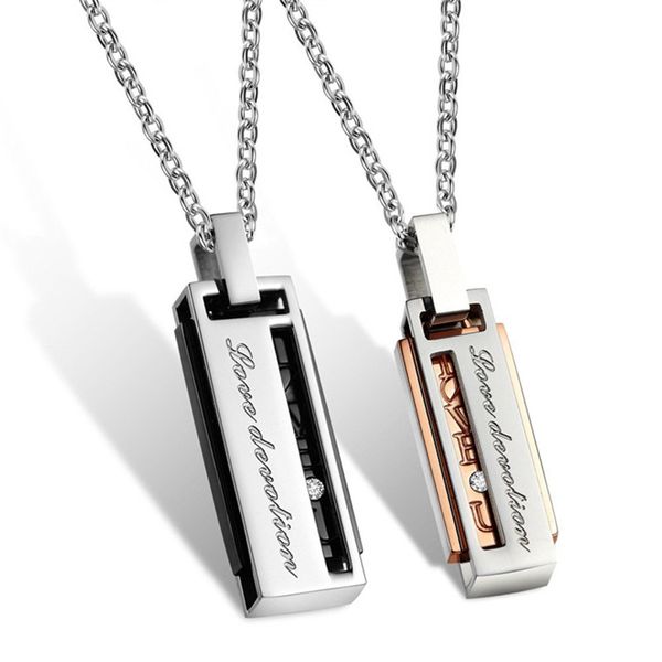 

love devotion couples necklace with rectangle titanium stainless steel pendant his & hers matching lovers jewelry gift, Silver