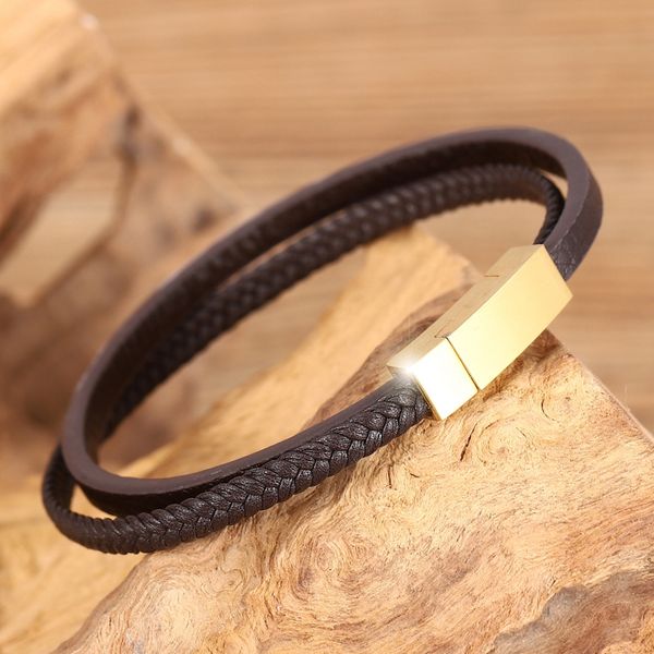 

punk personalized bracelet stainless steel bracelets for women double braided coffee leather magnetic golden clasp bangles, Golden;silver