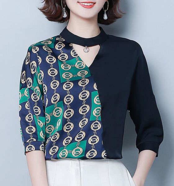 

circle printed blue black women blouses v-neck halter spring summer shirts lapel neck fashion ladies shirts, White