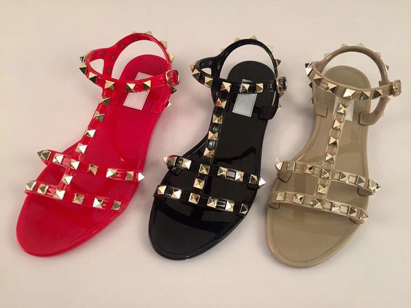 

rivets spiked gladiator flat sandals stones studded flip sandal big size women's shoes summer jelly flip flops, Black