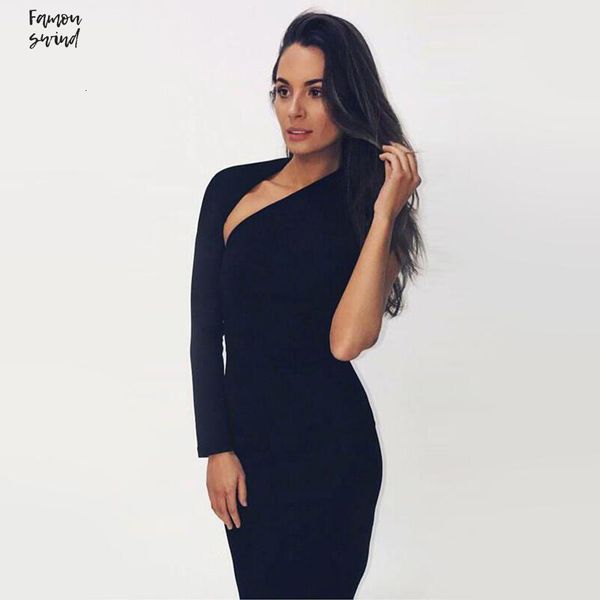 

sleeve one knee length dress elegant autumn black scoop one shoulder dresses women female club slim skinny designer clothes, Black;gray