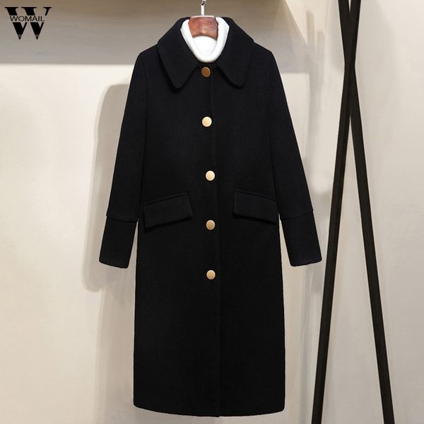 

womail женщины пальто женщин работа твердой кнопки винтаж зима управление длинного рукав шерстяные куртки coatwome пальто женщины 2019 m-5xl, Black