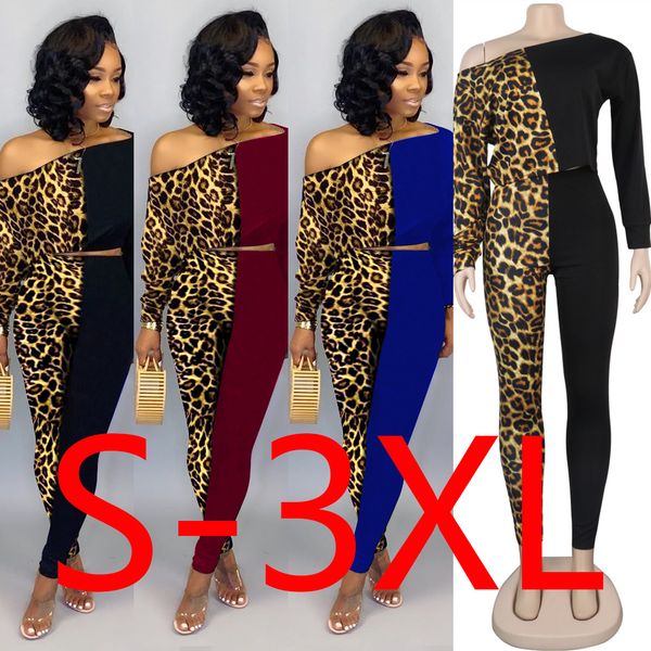 

ladies fall winter 2pcs wearwomen oblique shoulder long sleeves leopard print patchwork casual club party outfits two piece pants sets, White