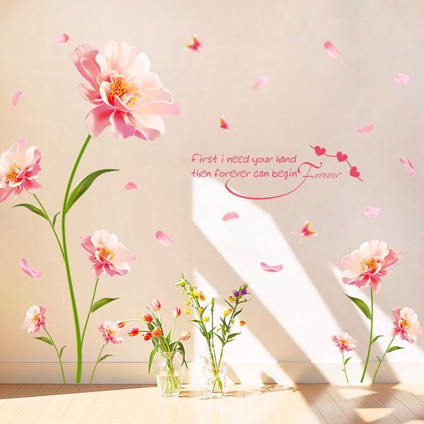 

large size (210cm*140cm) romantic pink flowers wall stickers for living room bedroom valentine's day art decals home decoration