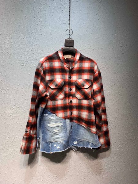 

2020 FALECTION 19FW GREG LAUREN 50/50 RED ЧЕРНОГО ШОТЛАНДКА / DENIM квадратного STUDIO РУБАШКА