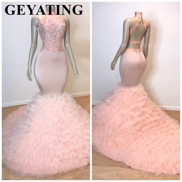 

sexy backless розовых длинные опухшие африканские платья выпускного вечер 2019 elegant plus размер high neck оборки burgundy черная девочка, White;black