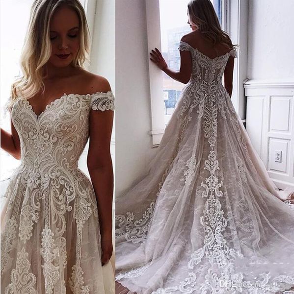 

2021 off the shoulder vintage lace wedding dresses vintage full lace sweep train a line bridal gowns plus size vestidos de novia designer, White