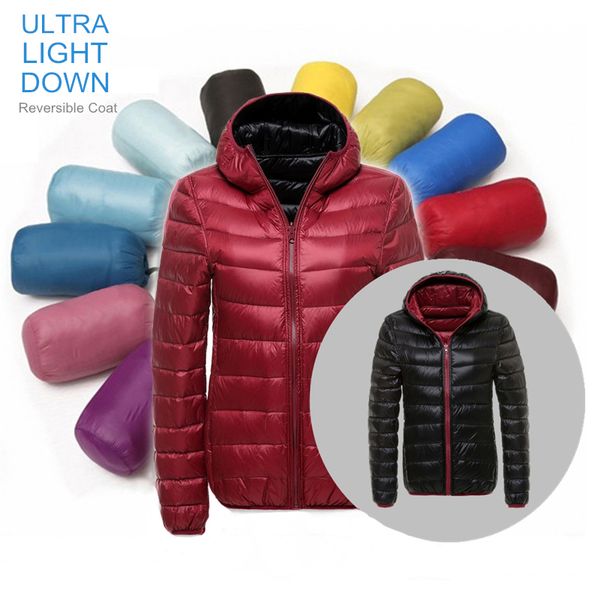 

lady autumn winter hooded ultra light down jacket women with carry bag travel double side reversible warm coat plus size parka, Black