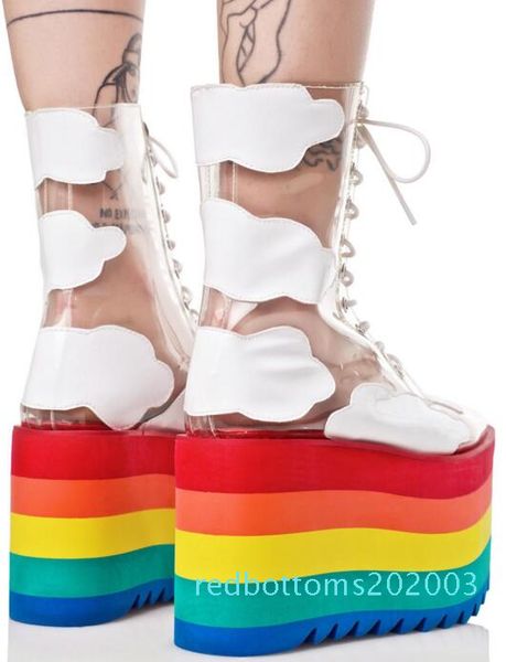 

runway shoes rainbow candy color socks boots high platform wedges transparent ankle boots clear pvc lace up increasing shoes r03, Black