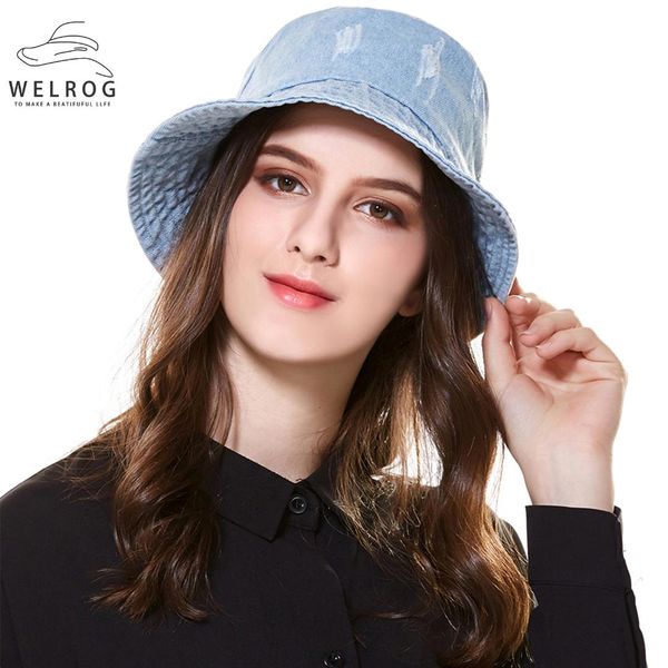 

welrog autumn washed blue black denim bucket hats korean style female flat sun shade hat casual tourist caps, Blue;gray