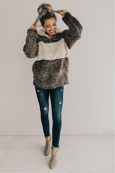 

hirigin 2019 new women winter warm fleece fur sweatshirts loose coat jacket pocket long sleeve zipper fashion coat outwear, Black