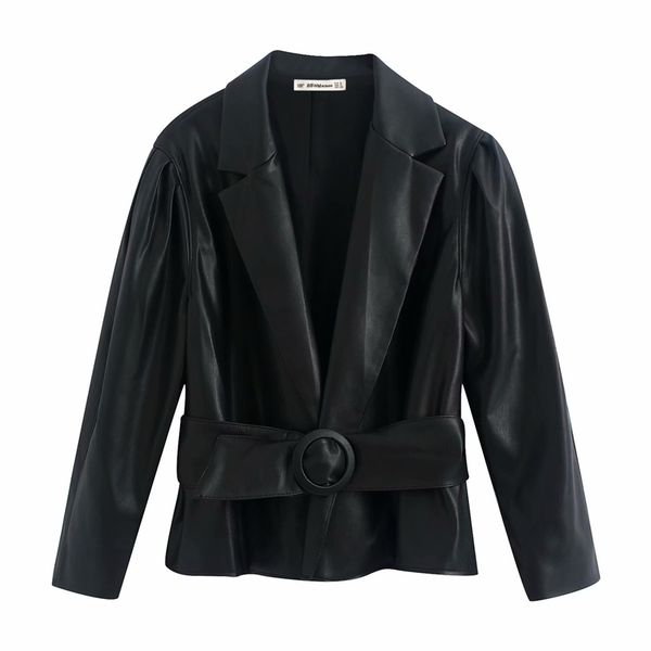 

wt989 women stylish notched neck sashes slim waist pu leather blazer black long sleeve short design faux leather blazers outfits, White;black