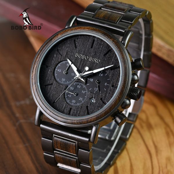 

bobo bird luxury wood stainless steel men watch stylish wooden timepieces chronograph quartz watches relogio masculino gift man t200113, Slivery;brown