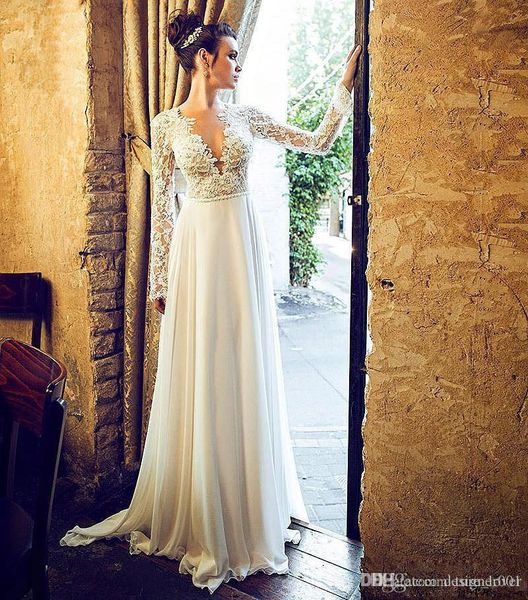 

Bohemian 2018 New Beach wedding dresses with long sleeves Bridal Gowns sexy sheer Lace and chiffon wedding gowns cheap