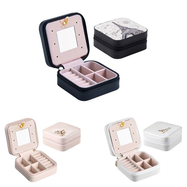

portable travel jewelry case pu leather zipper jewelry box mini makeup organizer cosmetic box with mirror earring ring holder women's g