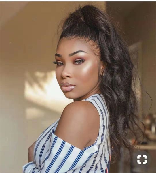 

ponytail hairstyles clip in pony tail extension natural color wrap around wavy curly hair extension 18 inch remy human hairpiece, Black