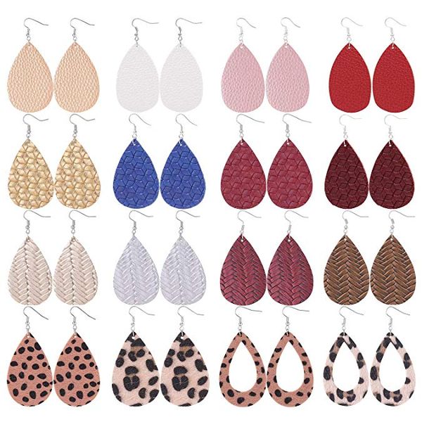 

16 pairs leather earrings for women teardrop leaf print petal leopard flower lightweight drop dangle leather earring set, Golden;silver