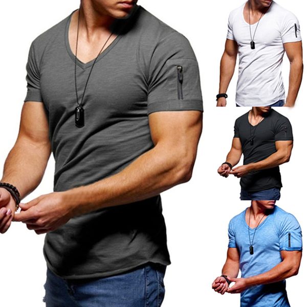 

men's soft solid color tee shirt men fitness casual for male short sleeve t-shirt summer v neck fitness slim mens clothing, White;black