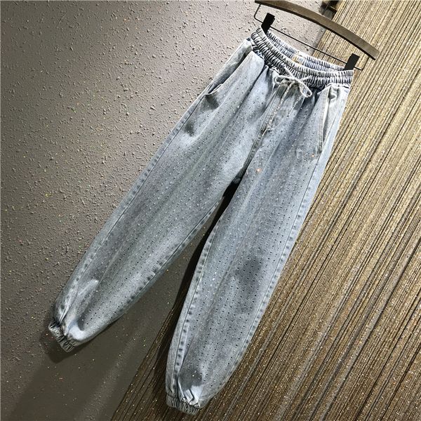 

heavy work drilling beaded elastic high waist jeans women 2019 spring and summer new beam feet loose casual jeans ankle leng, Blue