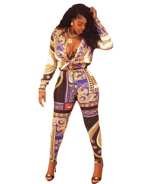 

autumn national print full sleeve v neck pencil pants winter 2 pcs womens set fashion tracksuits, White