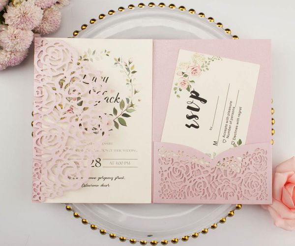

10pcs/lot elegant halloween pocketfold laser cut rose wedding invitation cards three folded card greeting cover for party