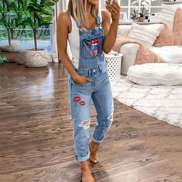 

puimentiua women jeans overalls women's loose-fit stretch jean pants casual ladies slim straight jeans printed pocket belts pant, Blue