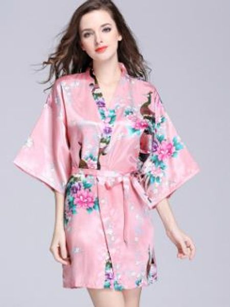 

2018 лето женщины шелковый кардиган nightdress женский цветочный sexy v воротник черный белый халат дамы половина рукава пижамы, Black;red