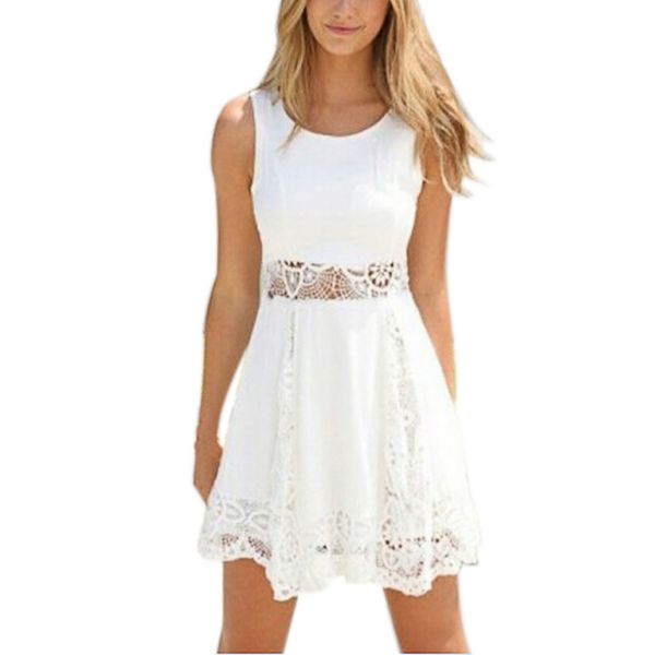 

summer dress sweet style lace hollow out patchwork women sleeveless a-line mini dresses white o-neck female cotton dress, Black;gray