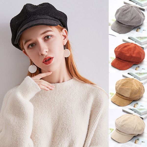 

fashion women corduroy solid thermal hat painter octagonal cap beret peaked cap 2019 woman fedora czapka zimowa, Blue;gray