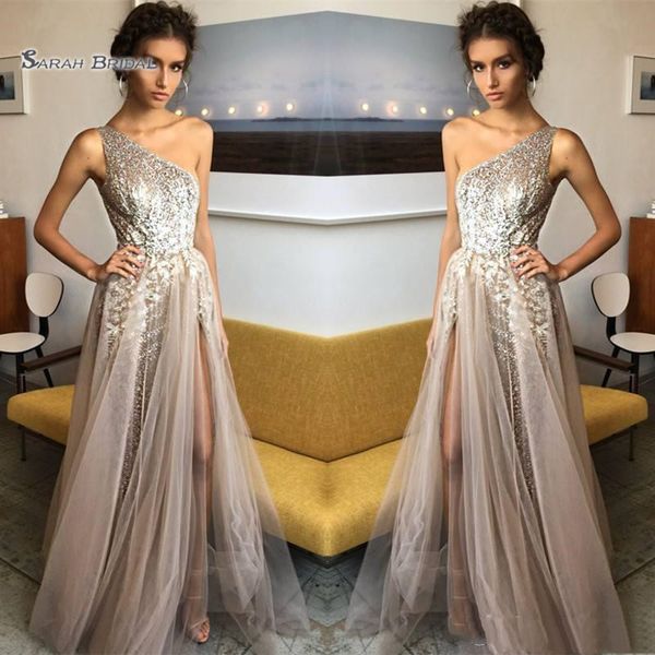 

2019 one shoulder a-line sequined prom dresses tulle evening wear in high-end occasion dress, Black