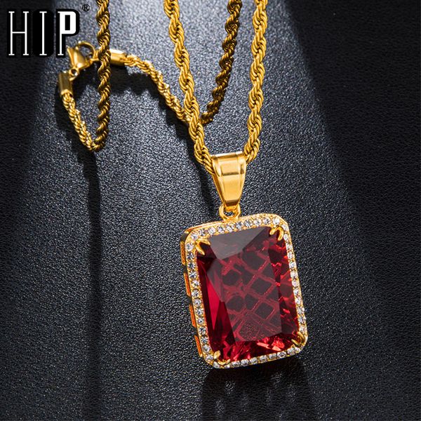 

hip hop iced out bling square blue red stone paved rhinestoned stainless steel necklace & pendants for men jewelry with box pack, Silver