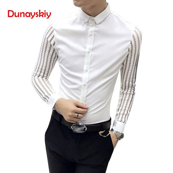 

korean dress shirt men fashion hollow lace patchwork long sleeve shirt 2019 autumn slim fit night club casual shirts mens, White;black