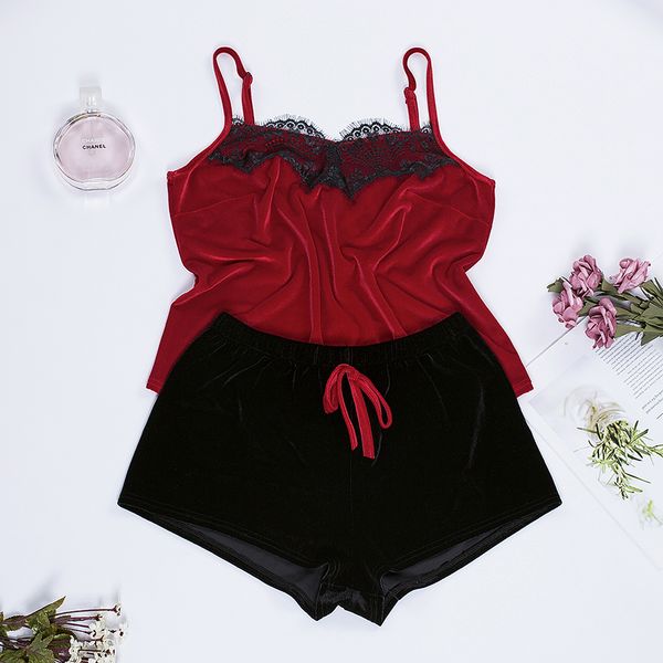 

suphis красный кружевной топ cami и черный короткий комплект пижамы бархатная пижама женщины сексуальная пижама комплект 2020 весна лето пиж, Black;red