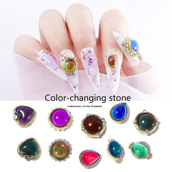 Nail Art Dekorationen 1 Stück Farbwechsel Stein Edelstein Herz Runde Strass Gliiter Glänzende 3D Nägel Dekor Schmuck 2021