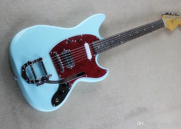 

factory custom sky-blue electric guitar with small rocker,rosewood fretboard,red pearl pickguard,offering customized service