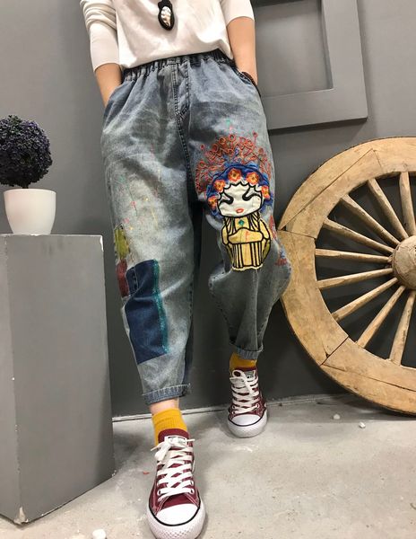 

light blue white black feer harlan cowgirl baggy pants cotton trousers bk4410