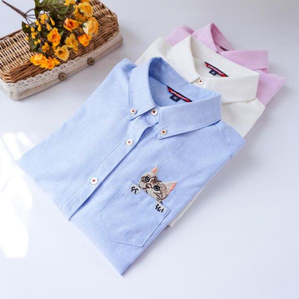 

2019 осень новая мода женщины блузы тонкий сыпучие отложным воротником с длинным рукавом cat вышитые рубашки верхняя одежда s-xl, White