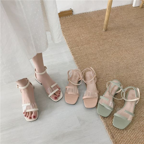 

buckle strap high heel sandal for women clear heels fashion womens shoes 2019 chunky sandals all-match suit female beige heeled, Black