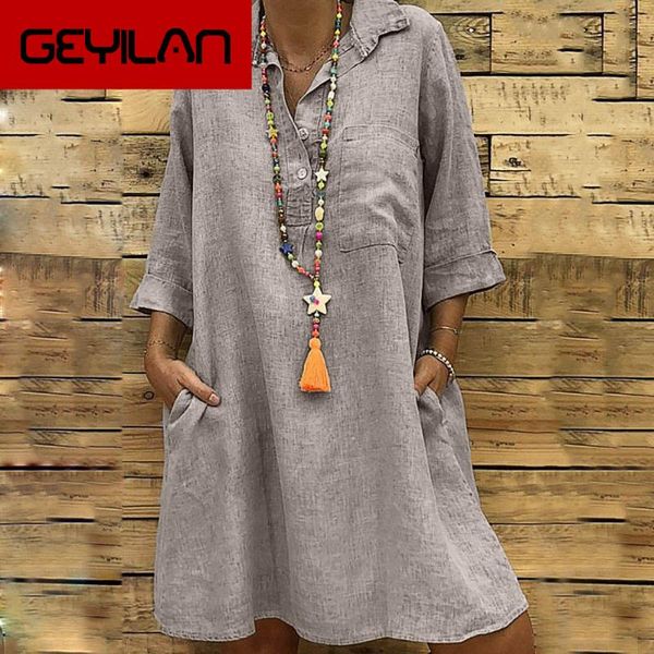 

casual dresses women's summer solid boho turn-down collar short sleeves pocket button cotton and line loose mini dress robe femme, Black;gray