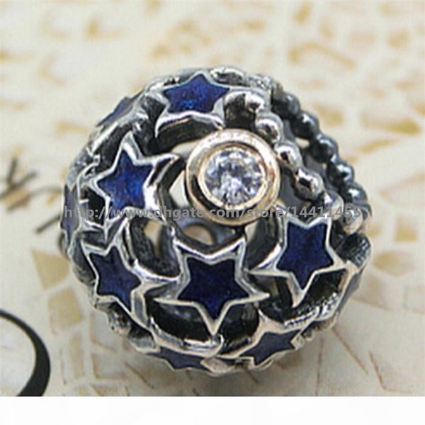 

925 sterling silver & 14k real gold charm bead with night sky blue enamel fits european pandora jewelry bracelets & necklaces, Black