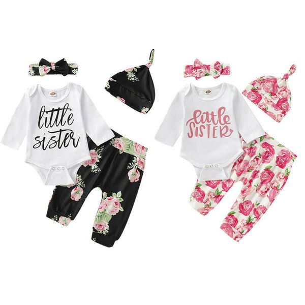 

0-18 Months Newborn Baby Girls Outfits Little Sister Letter Romper Tops Floral Pants Headband 3pcs Outfit Baby Girls Clothes Set