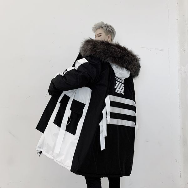 

men winter faux fur embroidery letter loose hooded long cotton padded jacket male streetwear hip hop parka overcoat outerwear, Black