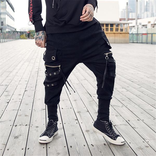 

designer harem pants male cross pants drawstring men joggers black sweatpants ribbon hip hop men streetwear