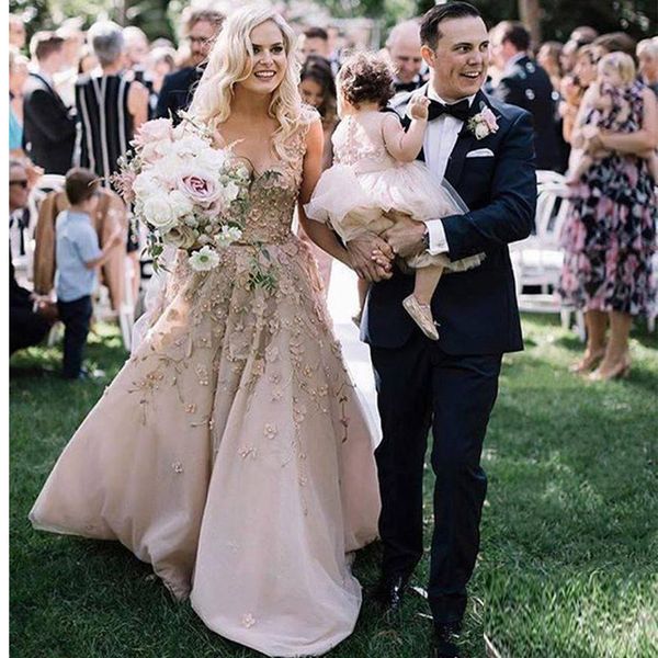 

gorgeous a line bohemian wedding dresses v neck lace 3d floral appliques beaded sweep train country wedding dress pearls beach bridal gowns, White