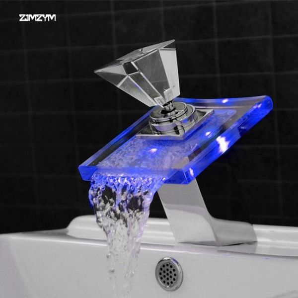 

and cold water copper crystal glass waterfall basin faucet led color changing bathroom battery mixer tap chrome finish