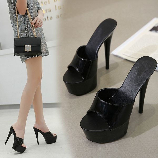

2019 new patent leather 15cm super high heel stiletto waterproof platform high-heeled sandals female summer slippers, Black