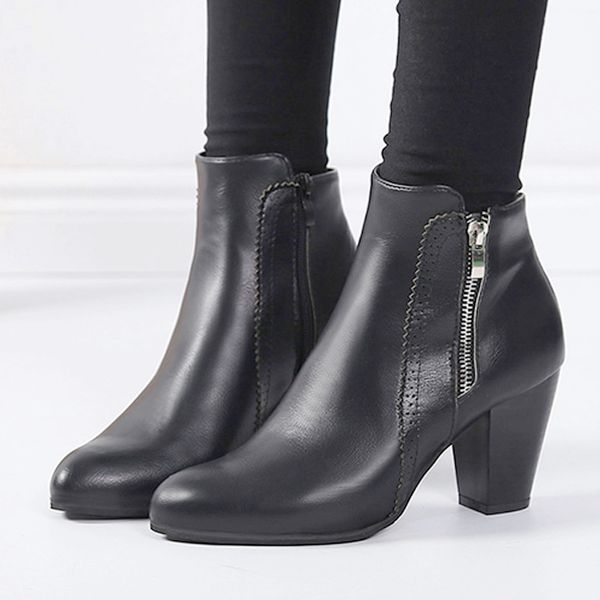 

boots woman vintage chunky high heels thick heel short boots outside ankle booties point toe zipper shoes zapatos de mujer, Black