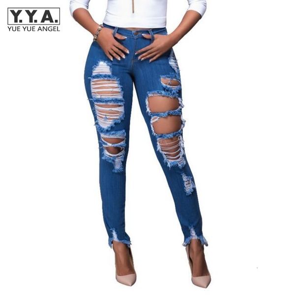 

fashion boyfriend hole ripped jeans women pants cool denim vintage straight jeans for girl plus size slim female trousers, Blue