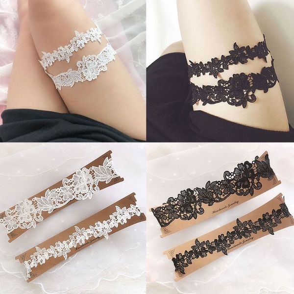 

2pcs wedding bridal leg garters solid color suspenders belts & accessories blackwhite lace flower hollow out embroidered stretchy thigh ring, Black;white